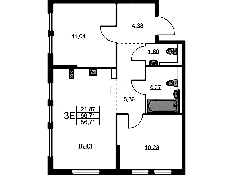 2-комнатная квартира 56.71 м², 1/11 эт., ЖК «Новое Колпино»